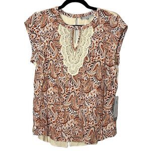 Daniel Rainn Stitch Fix Mixed Media Top Sleeveless Lace Brown Cream Women PM NWT